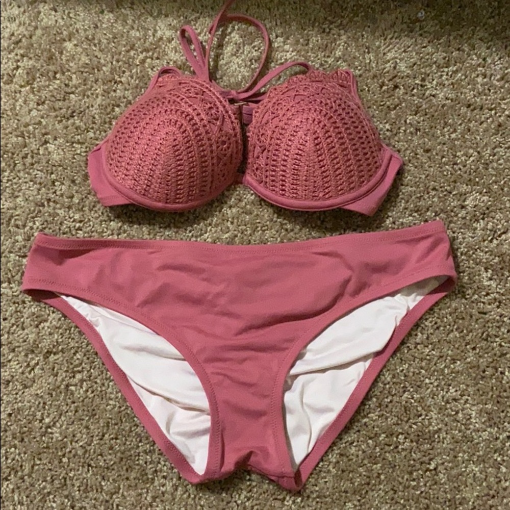 Pink Bikini with Lace Top and Rouged Bottoms